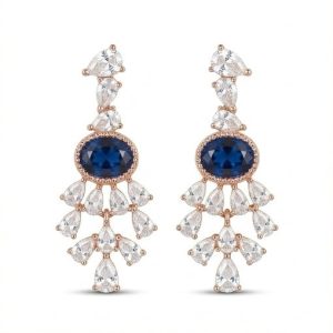 AGOR Sapphire Blue Chandelier Drop Earrings in 925 Sterling Silver with Rose Gold Finish - Sophisticated Women's Jewellery