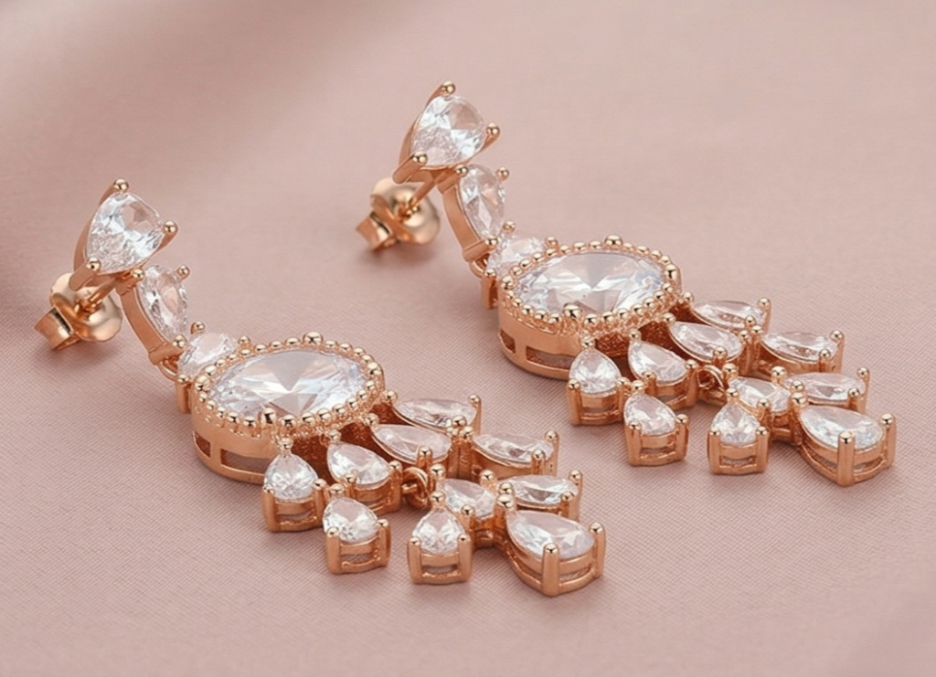 AGOR Radiant Chandelier Teardrop Earrings in 925 Sterling Silver with Rose Gold Finish - Bridal Women's Jewellery