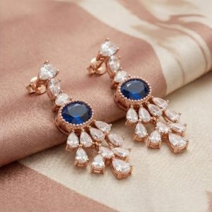 AGOR Sapphire Blue Chandelier Drop Earrings in 925 Sterling Silver with Rose Gold Finish - Sophisticated Women's Jewellery