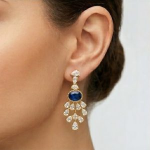 AGOR Majestic Oval Blue Statement Drop Earrings in 925 Sterling Silver with Gold Finish - Luxury Women's Jewellery