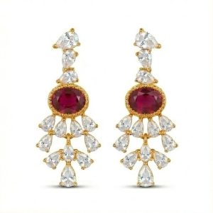 AGOR Royal Oval Red Statement Drop Earrings in 925 Sterling Silver with Gold Finish - Elegant Women's Jewellery