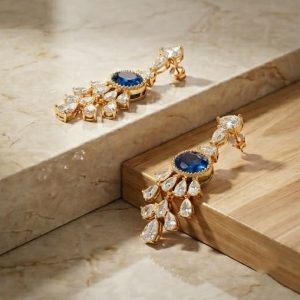 AGOR Majestic Oval Blue Statement Drop Earrings in 925 Sterling Silver with Gold Finish - Luxury Women's Jewellery