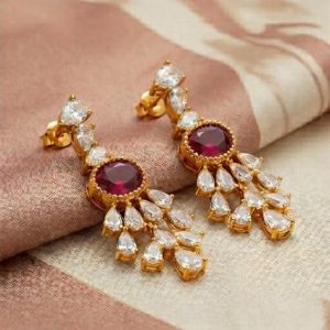 AGOR Royal Oval Red Statement Drop Earrings in 925 Sterling Silver with Gold Finish - Elegant Women's Jewellery