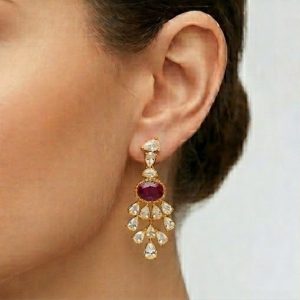 AGOR Royal Oval Red Statement Drop Earrings in 925 Sterling Silver with Gold Finish - Elegant Women's Jewellery