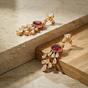 AGOR Royal Oval Red Statement Drop Earrings in 925 Sterling Silver with Gold Finish - Elegant Women's Jewellery