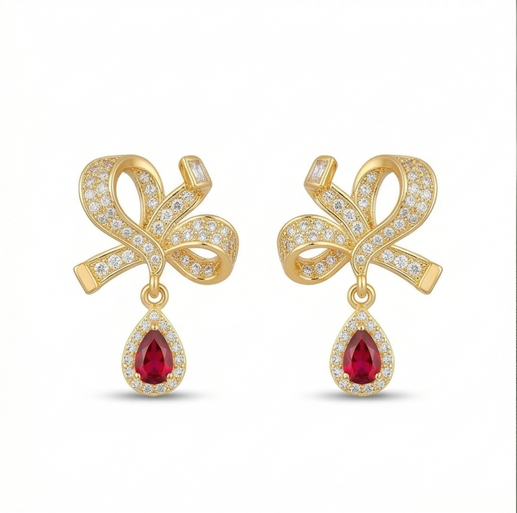 AGOR Romantic Bow Teardrop Earrings in 925 Sterling Silver with Gold Finish - Delicate Women's Jewellery