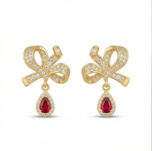 AGOR Romantic Bow Teardrop Earrings in 925 Sterling Silver with Gold Finish - Delicate Women's Jewellery
