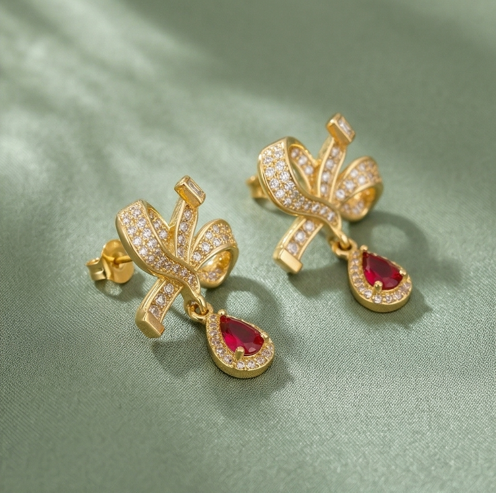 Romantic Bow Teardrop Earrings in 925 Sterling Silver with Gold Finish - Delicate Women's Jewellery