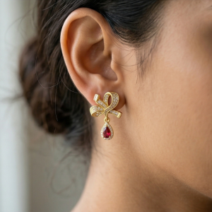 AGOR Romantic Bow Teardrop Earrings in 925 Sterling Silver with Gold Finish - Delicate Women's Jewellery