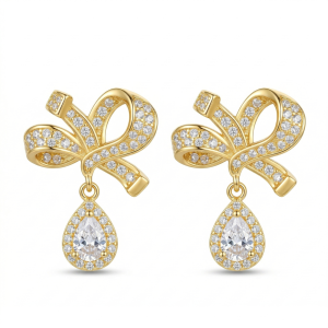 AGOR Elegant Bow Drop Earrings in 925 Sterling Silver with Gold Finish - Classic Women's Jewellery