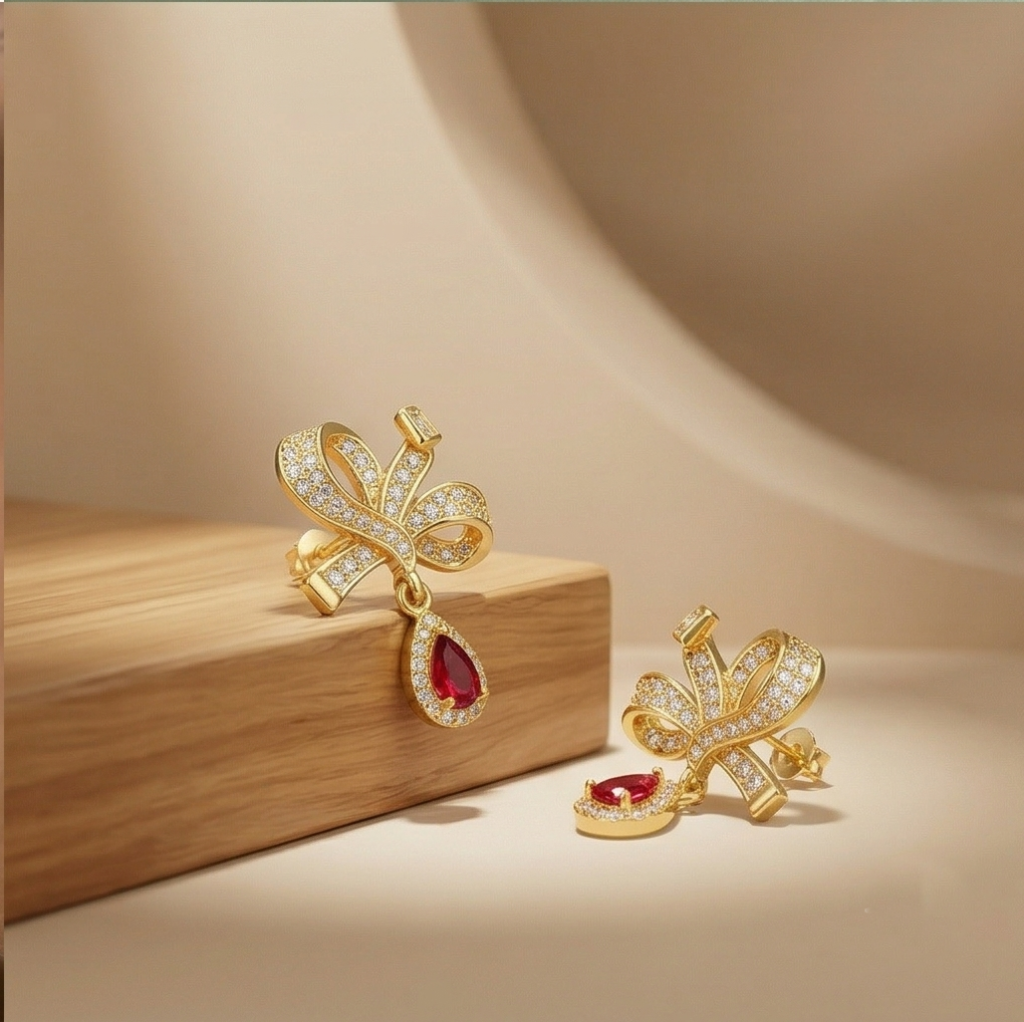 AGOR Romantic Bow Teardrop Earrings in 925 Sterling Silver with Gold Finish - Delicate Women's Jewellery