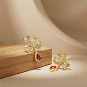 AGOR Romantic Bow Teardrop Earrings in 925 Sterling Silver with Gold Finish - Delicate Women's Jewellery