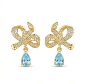 AGOR Graceful Bow Light Blue Drop Earrings in 925 Sterling Silver with Gold Finish - Chic Women's Jewellery