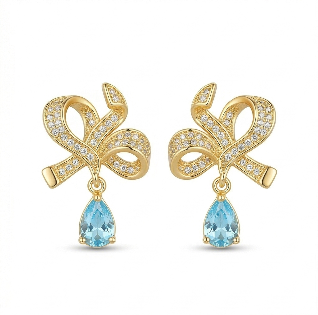 Graceful Bow Light Blue Drop Earrings in 925 Sterling Silver with Gold Finish - Chic Women's Jewellery
