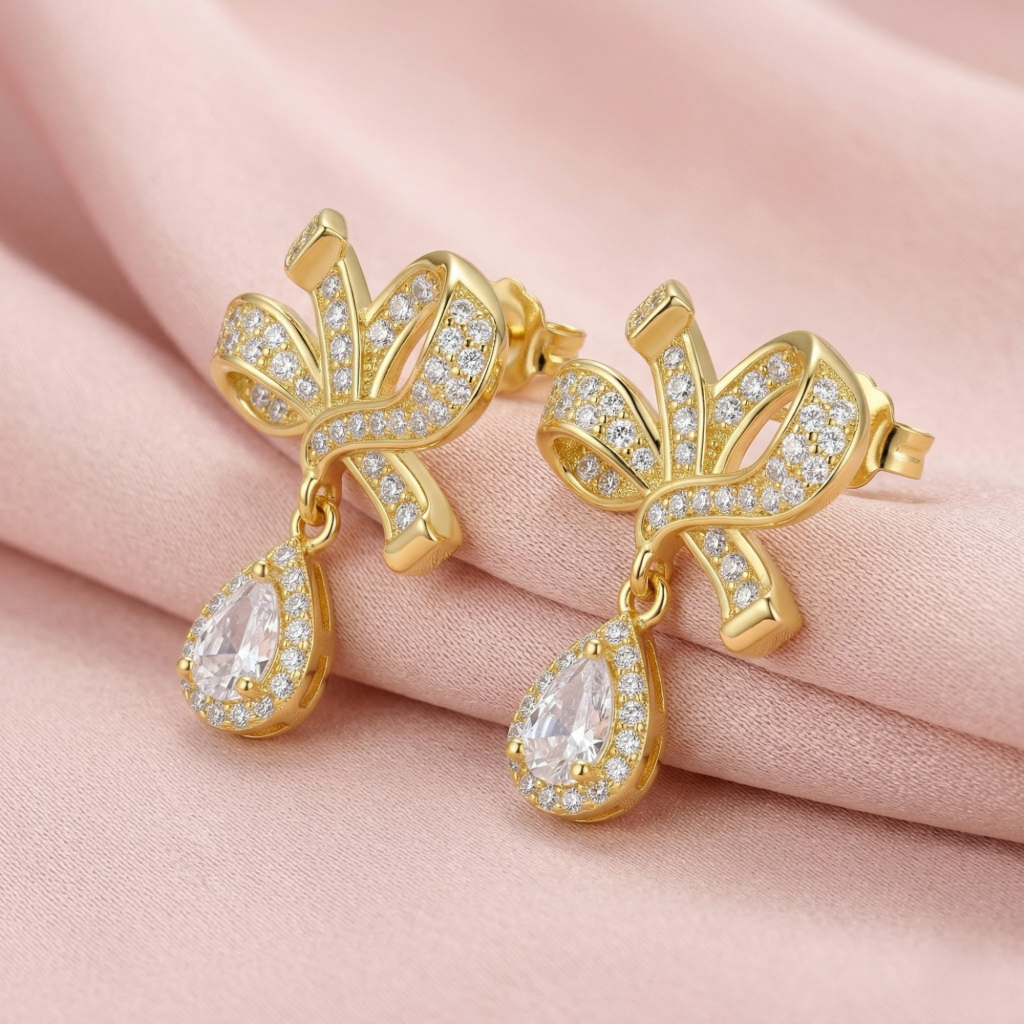 AGOR Elegant Bow Drop Earrings in 925 Sterling Silver with Gold Finish - Classic Women's Jewellery