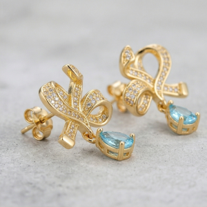 AGOR Graceful Bow Light Blue Drop Earrings in 925 Sterling Silver with Gold Finish - Chic Women's Jewellery