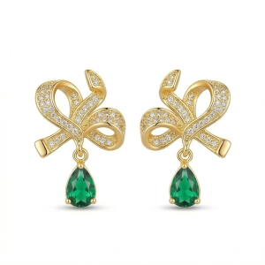 AGOR Vintage Bow Emerald Green Drop Earrings in 925 Sterling Silver with Gold Finish - Premium Women's Jewellery