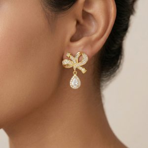 AGOR Elegant Bow Drop Earrings in 925 Sterling Silver with Gold Finish - Classic Women's Jewellery