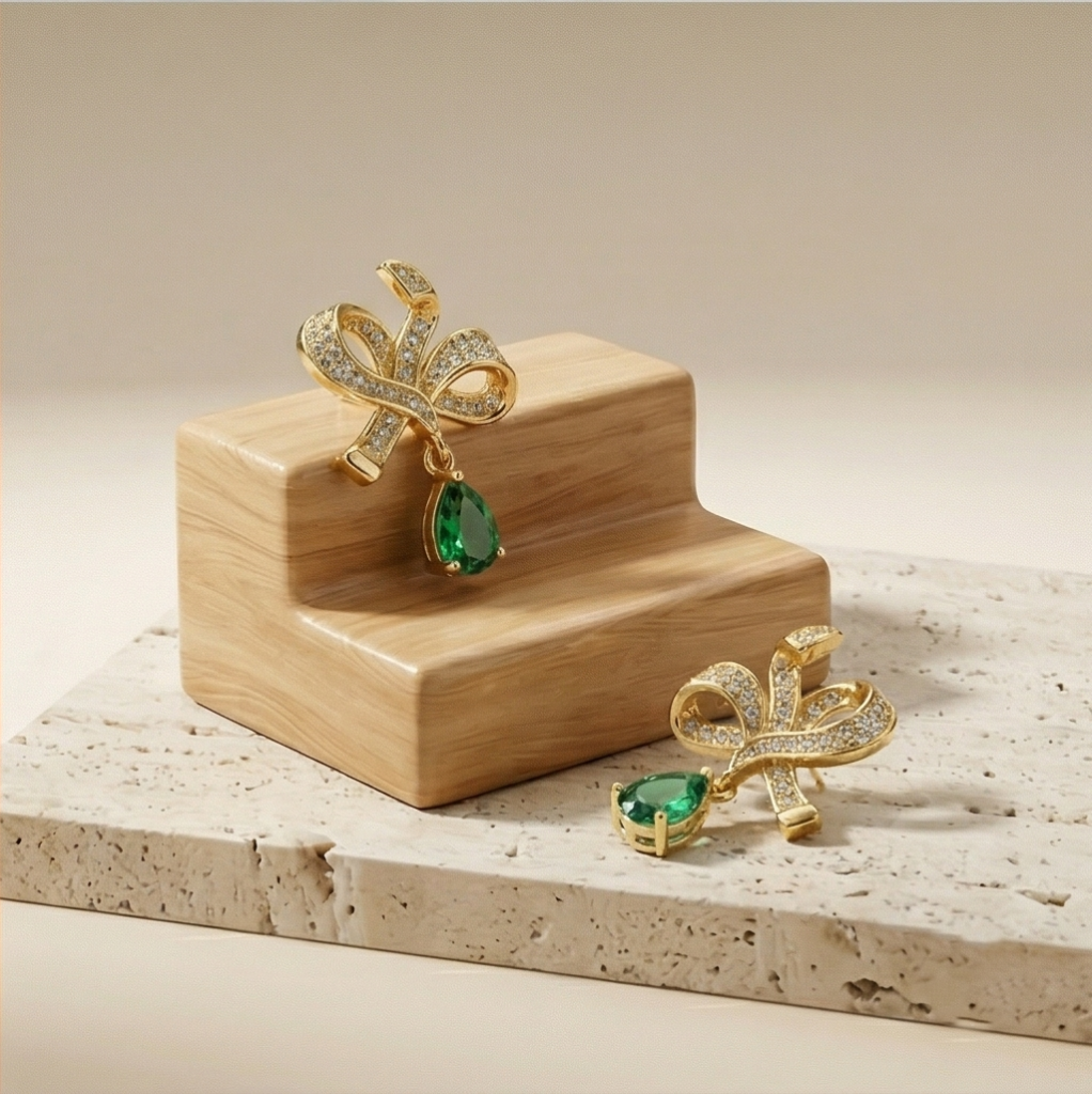 AGOR Vintage Bow Emerald Green Drop Earrings in 925 Sterling Silver with Gold Finish - Premium Women's Jewellery