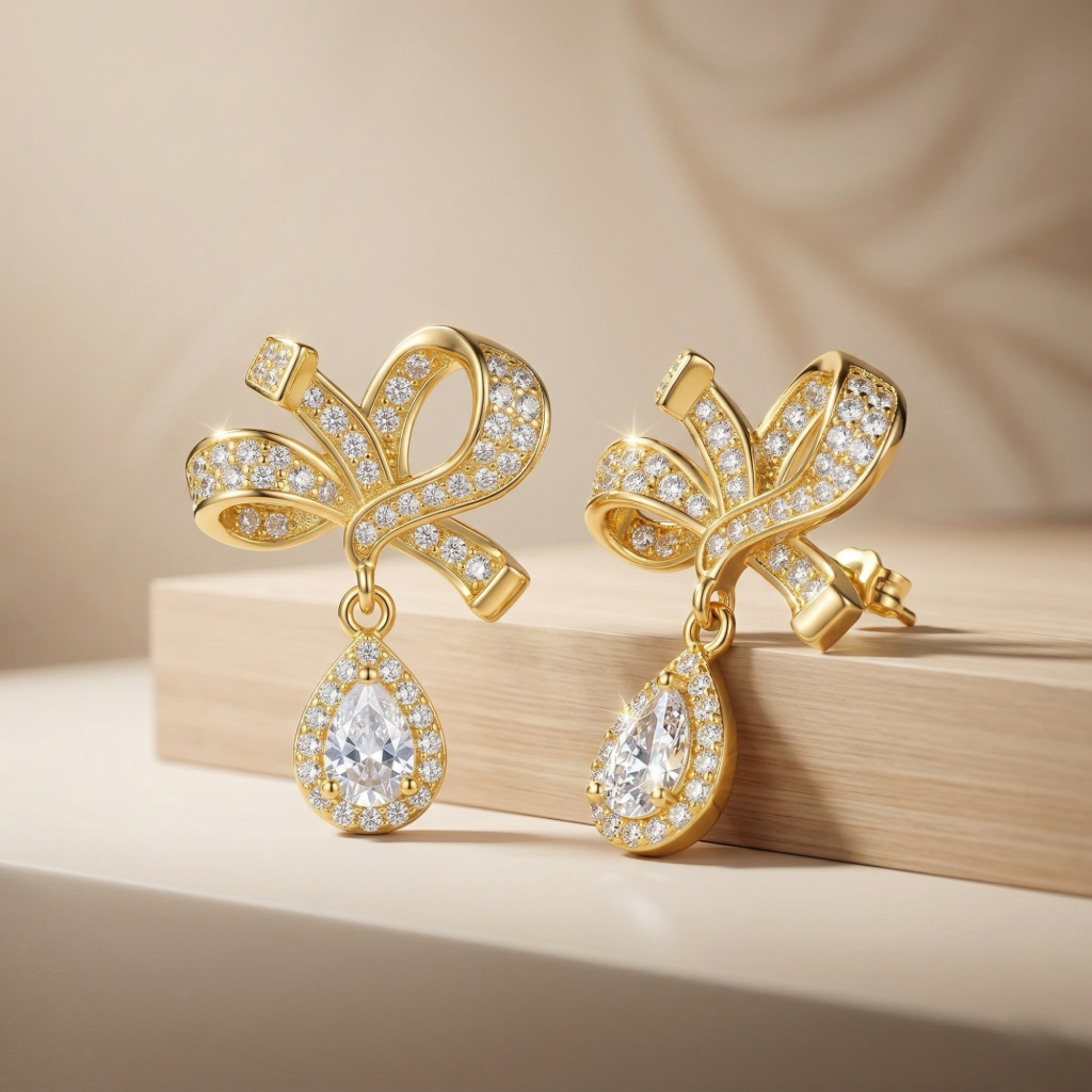 AGOR Elegant Bow Drop Earrings in 925 Sterling Silver with Gold Finish - Classic Women's Jewellery