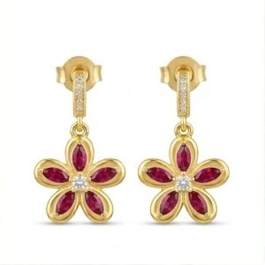 AGOR 925 Sterling Silver Red Floral Drop Earrings in Yellow Gold Finish Women's Fine Jewellery