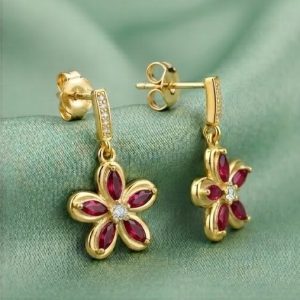 AGOR 925 Sterling Silver Red Floral Drop Earrings in Yellow Gold Finish Women's Fine Jewellery