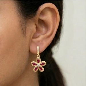 AGOR 925 Sterling Silver Red Floral Drop Earrings in Yellow Gold Finish Women's Fine Jewellery