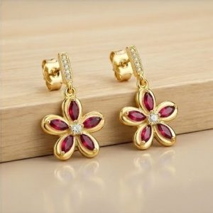 AGOR 925 Sterling Silver Red Floral Drop Earrings in Yellow Gold Finish Women's Fine Jewellery