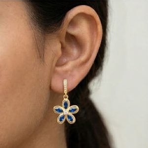 AGOR 925 Sterling Silver Blue Floral Drop Earrings in Yellow Gold Finish Women's Jewellery