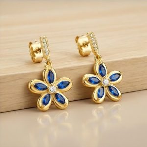 AGOR 925 Sterling Silver Blue Floral Drop Earrings in Yellow Gold Finish Women's Jewellery