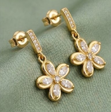 Floral Marquise Drop Earrings in 925 Sterling Silver with Gold Finish - Dainty Women's Jewellery