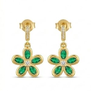 AGOR 925 Sterling Silver Green Floral Drop Earrings in Yellow Gold Finish Fine Jewellery