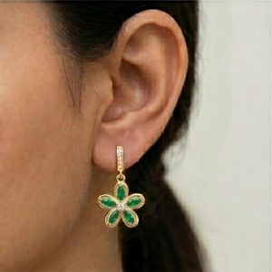 AGOR 925 Sterling Silver Green Floral Drop Earrings in Yellow Gold Finish Fine Jewellery