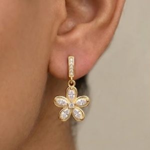 AGOR Floral Marquise Drop Earrings in 925 Sterling Silver with Gold Finish - Dainty Women's Jewellery