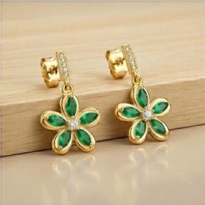AGOR 925 Sterling Silver Green Floral Drop Earrings in Yellow Gold Finish Fine Jewellery