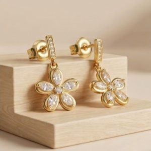 AGOR Floral Marquise Drop Earrings in 925 Sterling Silver with Gold Finish - Dainty Women's Jewellery