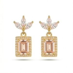 AGOR 925 Sterling Silver Pink Rectangular Halo Drop Earrings in Yellow Gold Finish Women's Jewellery