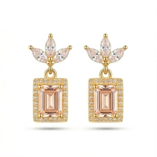 925 Sterling Silver Pink Rectangular Halo Drop Earrings in Yellow Gold Finish Women's Jewellery