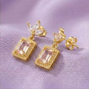 AGOR 925 Sterling Silver Pink Rectangular Halo Drop Earrings in Yellow Gold Finish Women's Jewellery