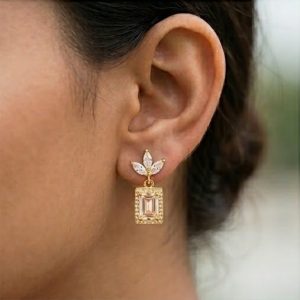 AGOR 925 Sterling Silver Pink Rectangular Halo Drop Earrings in Yellow Gold Finish Women's Jewellery