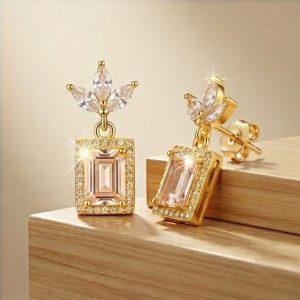 AGOR 925 Sterling Silver Pink Rectangular Halo Drop Earrings in Yellow Gold Finish Women's Jewellery