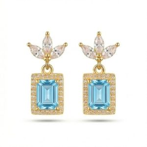AGOR 925 Sterling Silver Blue Rectangular Halo Drop Earrings in Yellow Gold Finish Fine Jewellery