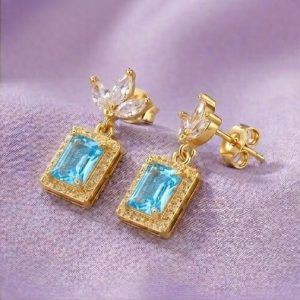 AGOR 925 Sterling Silver Blue Rectangular Halo Drop Earrings in Yellow Gold Finish Fine Jewellery