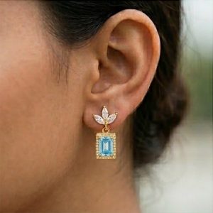AGOR 925 Sterling Silver Blue Rectangular Halo Drop Earrings in Yellow Gold Finish Fine Jewellery
