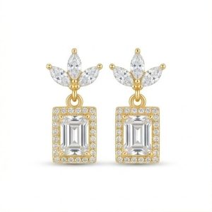 AGOR 925 Sterling Silver Emerald Cut Halo Drop Earrings in Yellow Gold Finish Fine Women's Jewellery