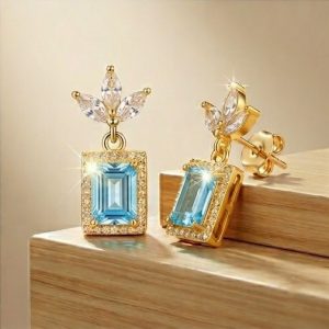 AGOR 925 Sterling Silver Blue Rectangular Halo Drop Earrings in Yellow Gold Finish Fine Jewellery