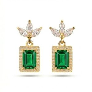 AGOR 925 Sterling Silver Green Rectangular Halo Drop Earrings in Yellow Gold Finish Women's Jewellery