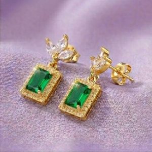 AGOR 925 Sterling Silver Green Rectangular Halo Drop Earrings in Yellow Gold Finish Women's Jewellery
