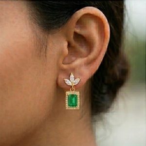 AGOR 925 Sterling Silver Green Rectangular Halo Drop Earrings in Yellow Gold Finish Women's Jewellery