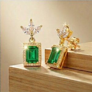 AGOR 925 Sterling Silver Green Rectangular Halo Drop Earrings in Yellow Gold Finish Women's Jewellery